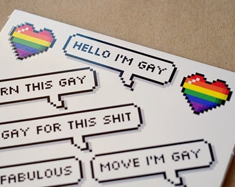 Gay Pride Pixel Speech Bubbles Set - Rainbow Hearts - LGBTQ+ Funny Sticker Set Memes, Gay Jokes