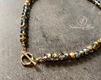 Gold grey beaded necklace, beaded choker, crystal toggle necklace, necklace for woman, gift for her, something grey gold, shiny necklace