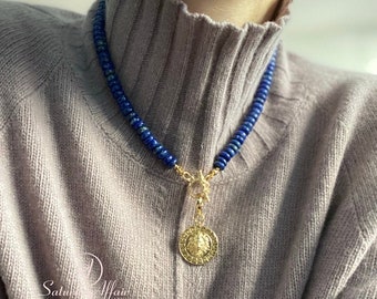 Lapis lazuli blue necklace  Golden lion coin pendant   Gold lapis lazuli  Beaded lapis necklace September birthstone birthday Gift for her