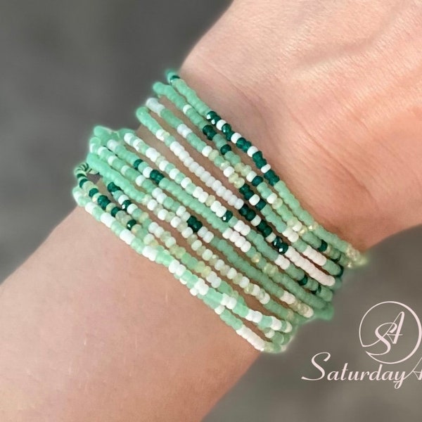 Green seed bead stretch wrap bracelet, long beaded stretch bracelet, gift for her