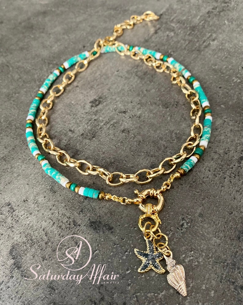 Basic gold chunky chain necklace, trendy chain choker, chain bracelet, bracelet for woman, necklace for woman, gift for her Chain+green necklace