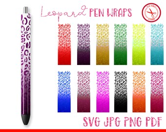 May include: A set of 10 digital pen wrap designs featuring a leopard print pattern in various colors with a gradient effect. The designs are available in SVG, JPG, PNG, and PDF formats.  The text "Leopard Pen Wraps" is displayed in pink lettering above the designs.  The text "SVG JPG PNG PDF" is displayed in pink lettering below the designs.