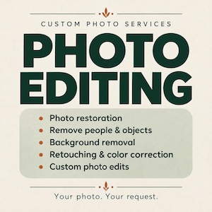 May include: A graphic advertisement for custom photo services featuring the text "PHOTO EDITING" in large dark green letters. A list includes photo restoration, remove people and objects, background removal, retouching, color correction, and custom edits.