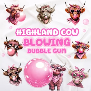 8 Cool Highland Cow PNG Clipart, Valentine Day Highland, Highland Cow blowing bubble gum, Cute Animals Clipart, Commercial Use