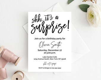 Plantilla de invitación de cumpleaños sorpresa, invitación imprimible (CANVA)