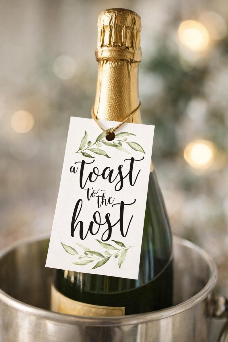 May include: A rectangular white gift tag hanging from a gold string on a champagne bottle neck. The tag features green watercolour olive branch illustrations at the top and bottom with the black cursive text A toast to the host in the centre.