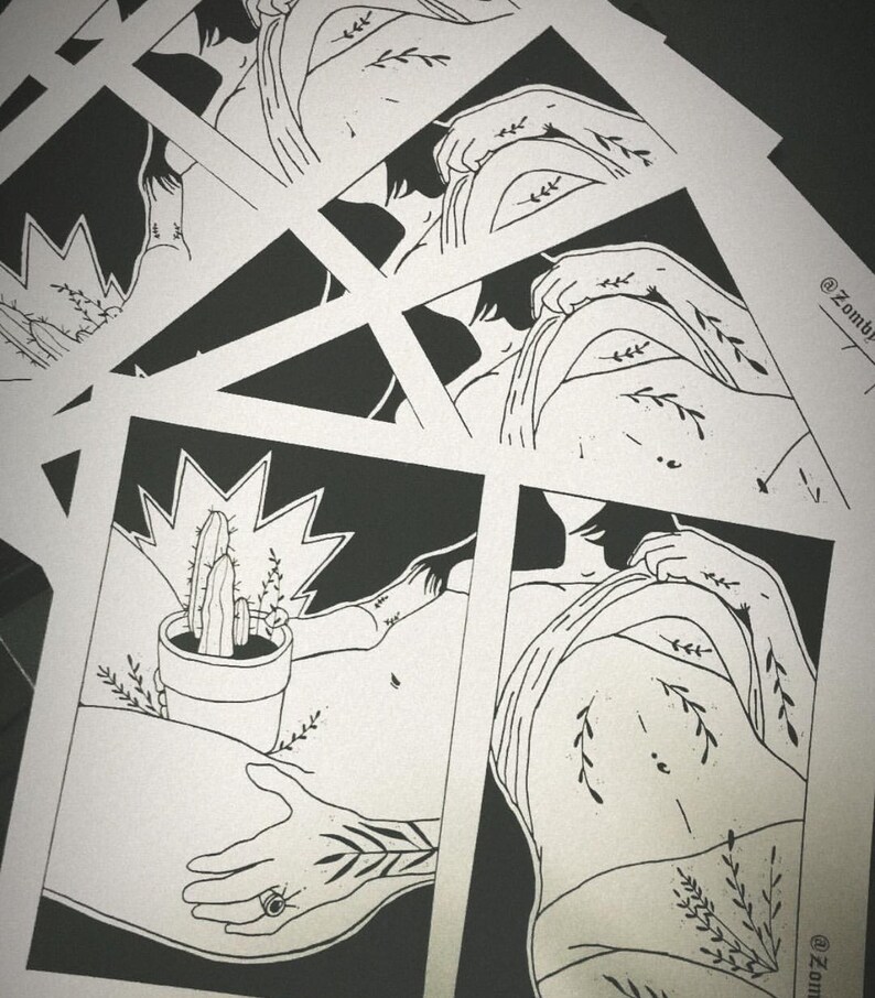 May include: Black and white line art print of a person with a cactus plant in a pot. The person has tattoos of branches and leaves on their body. The print has the text "@Zomby." at the bottom.
