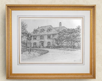 Portret domu rysowany ręcznie – niestandardowa ilustracja domu wykonana tuszem i ołówkiem