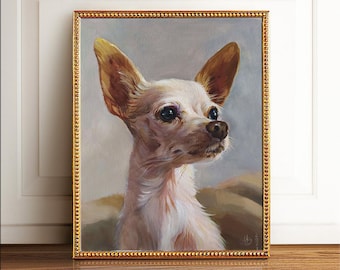 May include: A framed painting of a white chihuahua with brown ears and a brown nose. The dog is looking to the right of the image. The painting is in a gold frame with a beaded border.