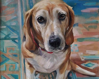 May include: A painting of a beagle dog with brown and white fur. The dog is sitting on a colorful rug with a red collar. The dog has a sad expression on its face.