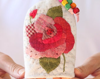 Soft Keychain with Rose, Quilted case made in Japanese Patchwork Style. Handmade Embroidered Fabric Key Pouch.
