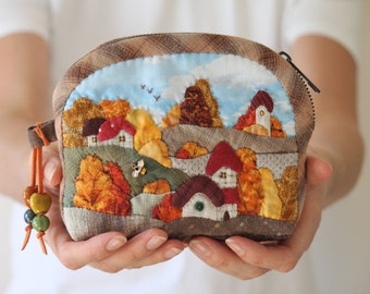 Handmade Linen Make up Pouch with Village Houses Print - Japanese Patchwork Style Travel Toiletry Case