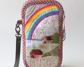 Quilted Rainbow Phone Purse with Wristlet Strap. Cool iPhone Case. Fabric Phone Pouch.