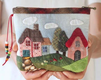 Medium Size Japanese Patchwork Quilted Cosmetics Bag with Zipper - Rectangle Makeup Pouch