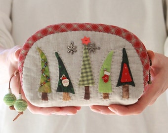 Cosmetic organizer "Dancing Christmas Trees", Small Quilted Bag With Zipper, Merry Christmas Gift For Her