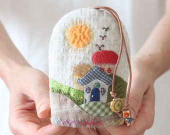 Quilted Key Holder, Hand Sewn Cover For Keys, House Keychain In Colorful Japanese Cotton