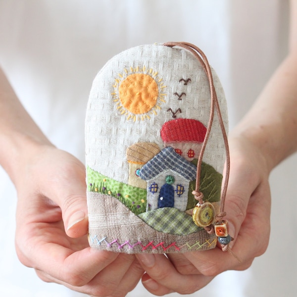 Quilted Key Holder, Hand Sewn Cover For Keys, House Keychain In Colorful Japanese Cotton