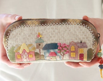 Fabric Pencil Holder, Quilted Zipped Pencil Case, Cozy Cottage Brush Holder