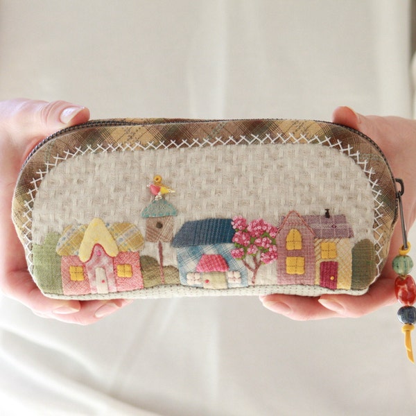 Porte-crayon en tissu, étui à crayons zippé matelassé, porte-brosse Cozy Cottage