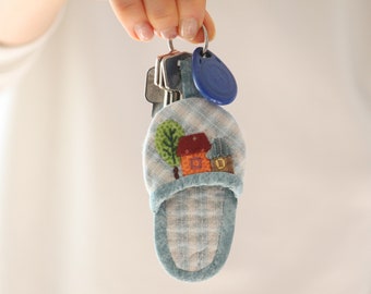 Embroidered Keychain in a Shape of Slipper, Fabric Key Fob, Quilted Car Ring