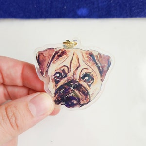 Brown Pug Holographic Keychain, Watercolor Dog Illustration, Holo Puppy Charm, Pug Lover Gift