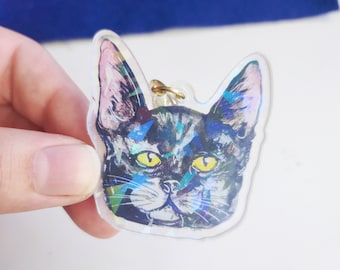 Black Cat Holographic Keychain, Black Cat Small Gift, Holo Pet Keyring, Star Hook Cat Keychain