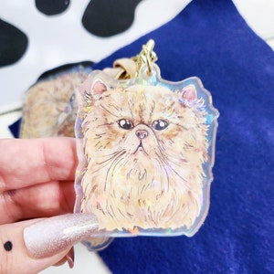 Persian Orange Cat Keychain, Holo Big Fluffy Cat Keyring, Cute Pet Cat Gift for Mom or Dad, Holographic Cat Keychain