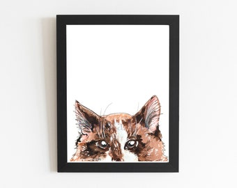 May include: A watercolor painting of a brown and white cat peeking out from behind a black frame. The cat's eyes are wide open and its fur is soft and fluffy.