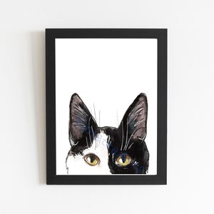 Tuxedo Cat Watercolor Illustration Wall Art, Cat Mom Gift Art, Cute Kitty Wall Decor, Black and White Cat Art, Peeking Cat Drawing