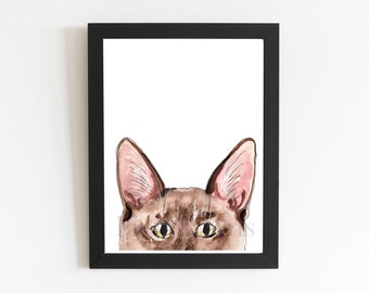 Burmese Cat Art Print, Painting Print Wall Art Decor, Peek a Boo Hiding Cat Wall Decor, Art Print Cat Lover Gift Unframed