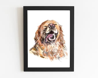 May include: Watercolor painting of a golden retriever dog with its mouth open and tongue sticking out. The dog has brown fur and a white patch on its chest.