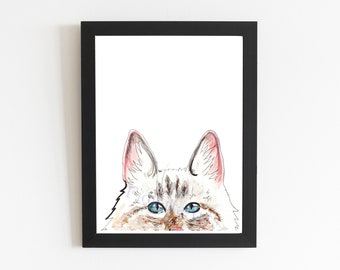 Impression d'art chat sibérien, gros chat blanc, art chat mignon moelleux, art mural aquarelle animal, décoration de chambre cadeau pour amoureux des chats impressions de tailles