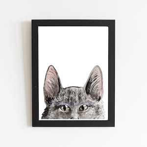 Gray Cat Art Print, Peeking Gray Cat Watercolor Painting, Cat Lover Gift, Cat Decor Wall Art, Home Decor Art Print Unframed, Tabby Cat Art