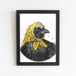 Impresión de arte de cuervo Babushka, Arte de pájaro divertido, Pájaro grande negro, Decoración de arte de pared de pintura acrílica, Póster de arte lindo de cuervo, Regalo de arte pequeño sin marco