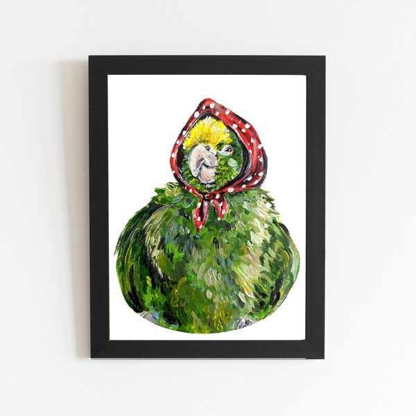 Birdbushka Yellow Crown Amazon Art Print, Art oiseau coloré, Babushka mignon Decor, Wall Decor Pet Bird Matryoshka Doll Drawing, Parrot Pet