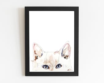 May include: A watercolor painting of a white cat with blue eyes peeking out from behind a black frame. The cat's ears are visible, and its fur is painted in a light, airy style.