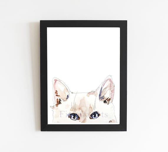 Cute White Cat Painting Art Print, Peeking Kitty Cat Wall Decor, Cat Wall Art, Cute Cat Painting, Cat Art