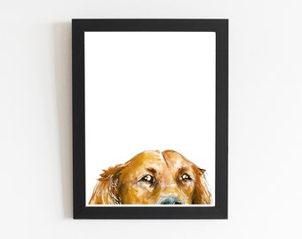 May include: A watercolor painting of a golden retriever dog peeking over the top of a black picture frame. The dog's fur is a light brown color and its eyes are brown. The dog's nose is black and its tongue is sticking out slightly.