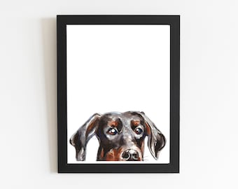 May include: A black and brown Doberman Pinscher dog with brown eyes peeks over the top of a black picture frame. The dog's head is tilted to the side, and its ears are perked up.
