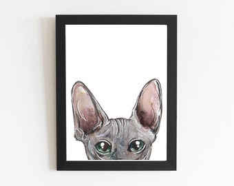 Könnte beinhalten: Ein Aquarellbild eines Sphynx-Katers, der hinter einem weißen Hintergrund hervorlugt. Die Katze hat große, grüne Augen und eine rosafarbene Nase.