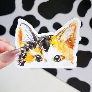 Sticker chat calicot, race de chat autocollant imperméable, chat orange noir et blanc, sticker illustration mignonne, gros autocollant Peek a Boo