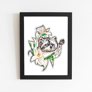 Raccoon Art Print with White Flowers, Cute Office Art Gift, Colorful Watercolor Painting Unframed, Wildlife Trash Panda