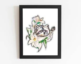 Impresión de arte de mapache con flores blancas, lindo regalo de arte de oficina, pintura de acuarela colorida sin marco, panda de basura de vida silvestre