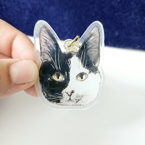 Tuxedo Cat Holo Keychain, Black and White Cat Art, Watercolor Illustration Keyring Gift, Cute Cat Mom or Dad Keychain Idea