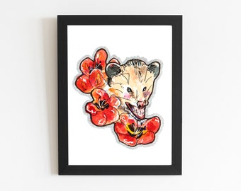 Screaming Opossum and Red Flowers Art Print, Watercolor Animal Illustration Wall Art Hanging Decor, Cute Trash Panda Baby Possum Drawing
