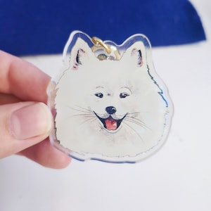 Samoyed Dog Keychain, Holo Pet Keyring, Holographic Double-sided White Dog Charm, Watercolor Pet Drawing Keychain, Cute Samo Dog