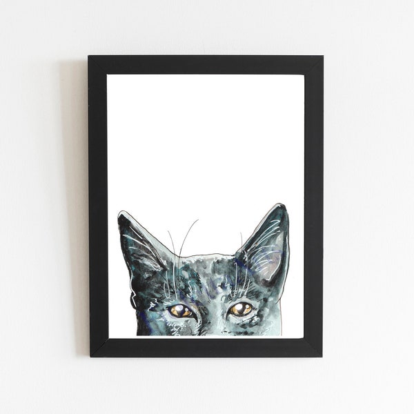 Chartreux Cat Art Print, Peek-a-boo Pet Portrait, Sweet Pet Memorial, Portrait Cat Portrait, Watercolor Pet Illustration Portrait, Unframed