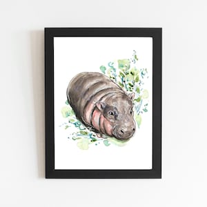 Moo Deng Aquarell Art Print, süßes kleines Baby Nilpferd Kunst Illustration, Baby Tier Wanddekor