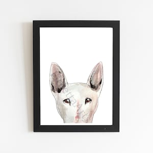 Bull Terrier Art Print, English Terrier Dog Wall Decor Art Drawing, Watercolor Peek a Boo Illustration Painting, Puppy Picture Pet Loss Gift