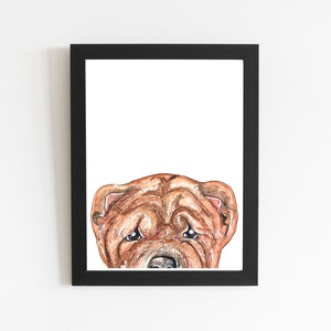 Shar Pei Dog Art Print, Cute Pet Watercolor Peek a Boo Illustration, Brown Big Dog Drawing, Traditional Realistic Wall Art Decor